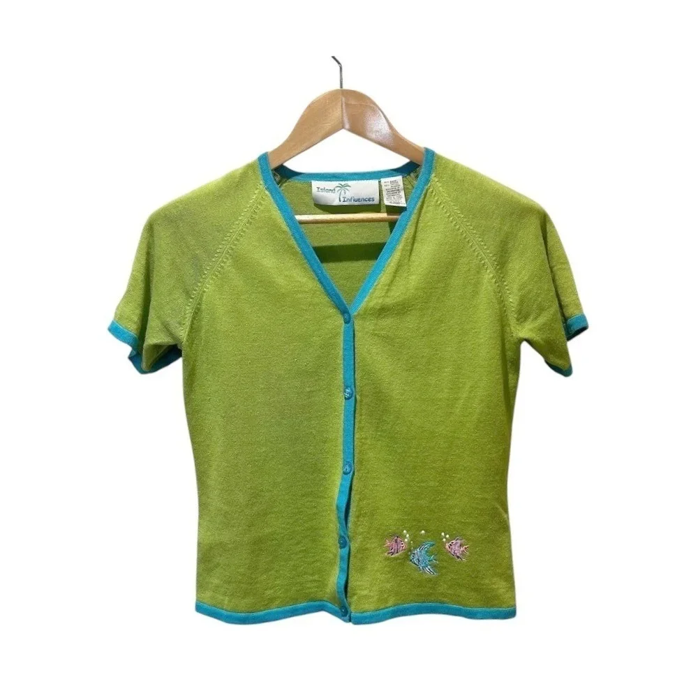 Vintage Tropical Dress Cardigan‎ Set Women 8 Embroidered Fish Cruise Resort Wear